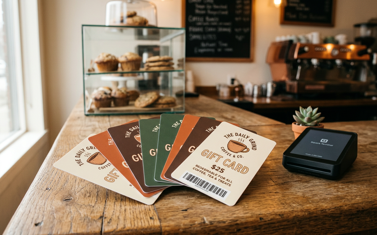 Stack of printed gift cards with a coffee shop logo on a counter
