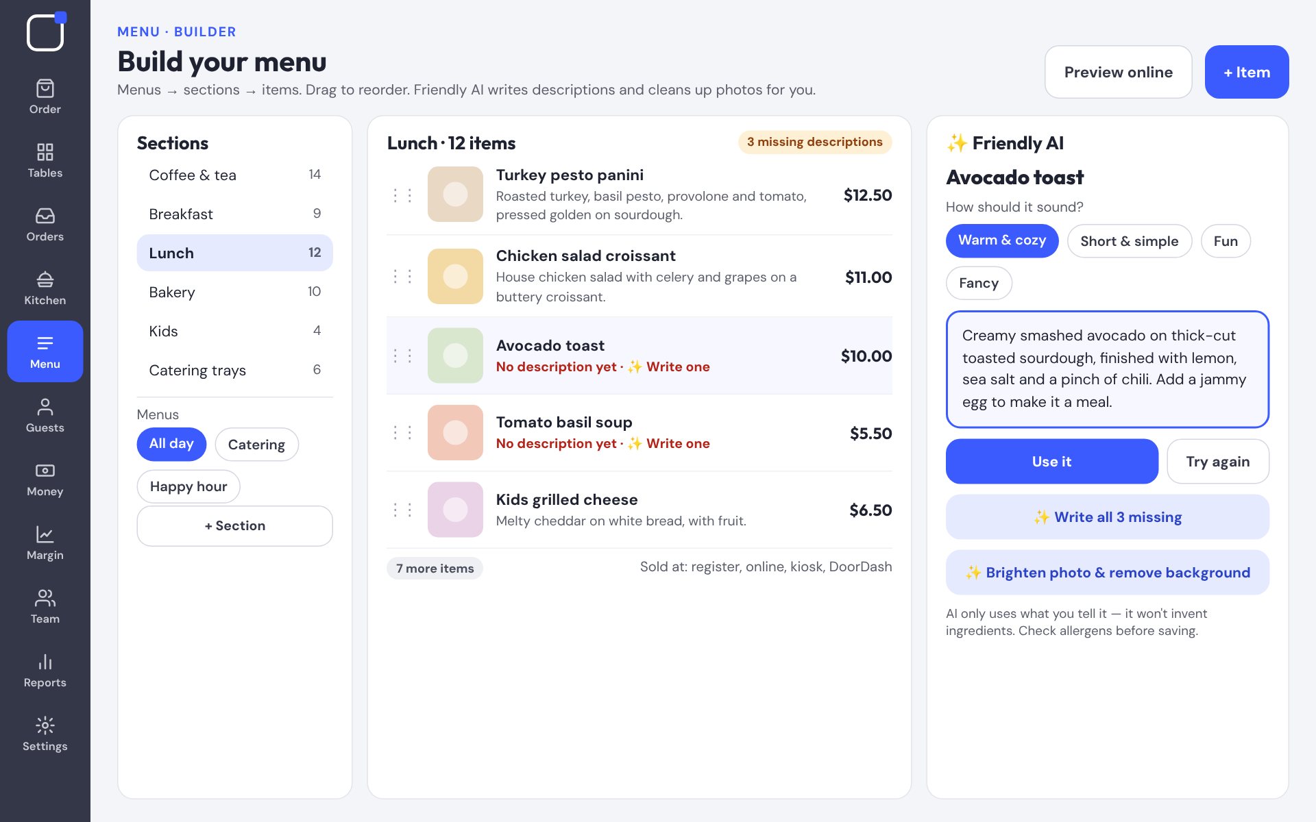 Menu builder with items, prices and options
