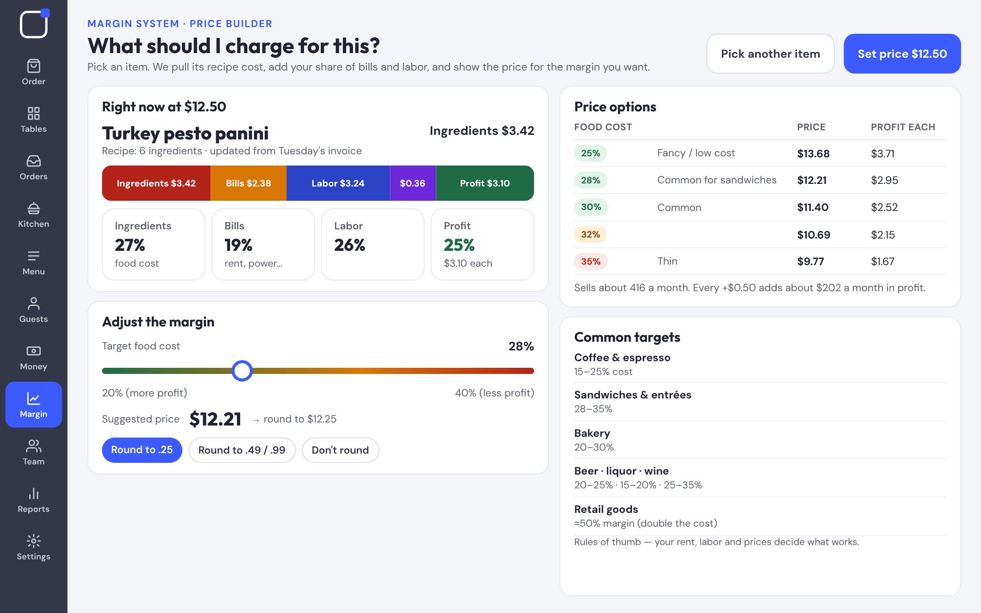 Price builder showing food cost and margin for a menu item